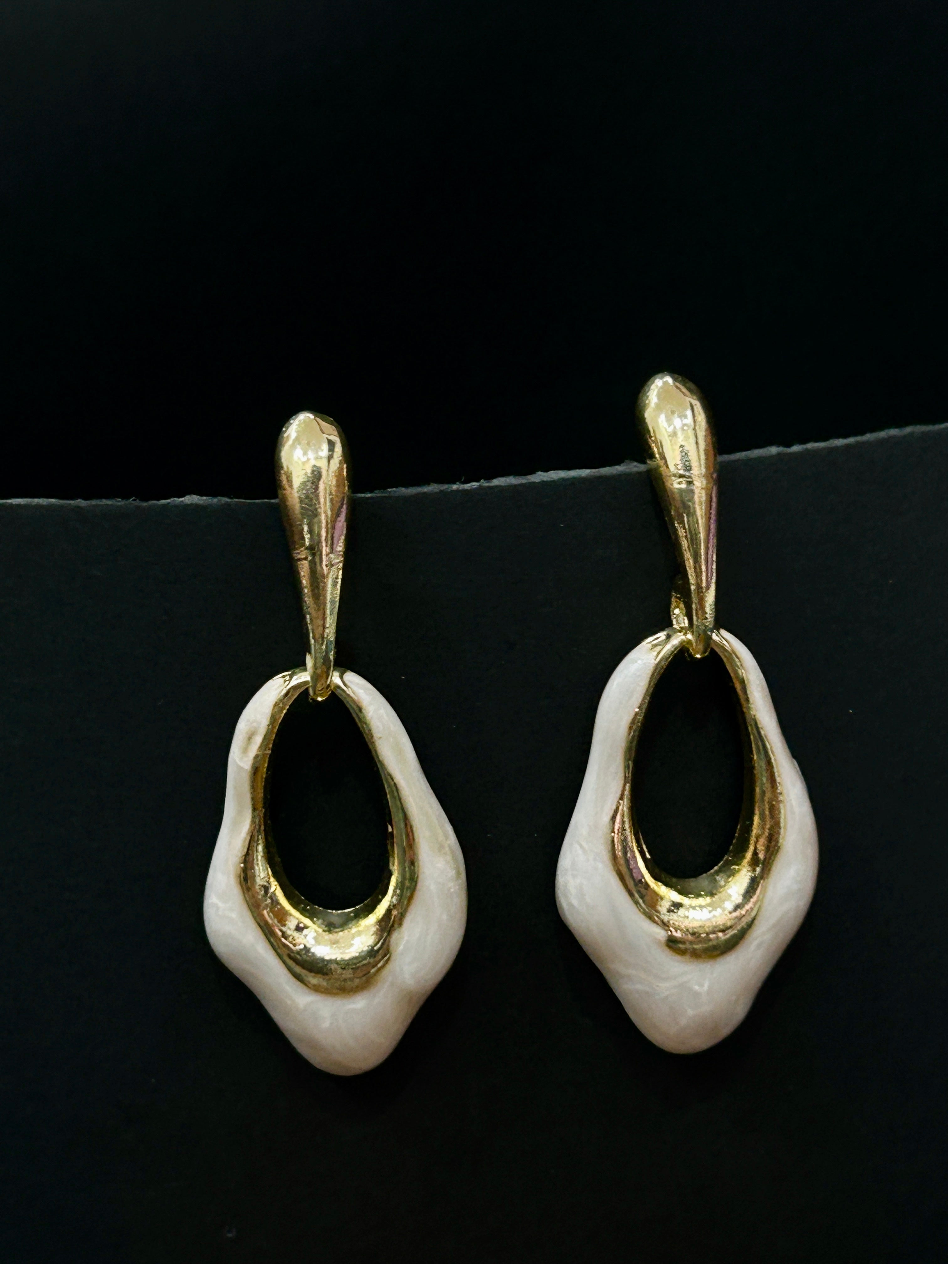 Elegant Gold & Pearl Enamel Drop Earring-Mivanaa